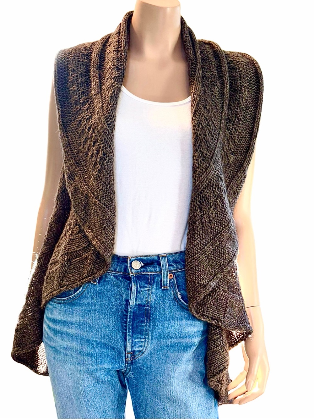 Made in Italy Mohair Wool Waterfall Knit Vest One Size Brown Boho